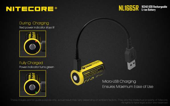 NiteCore Литий-ионный (Li-Ion) аккумулятор NiteCore NL1665R (16340) со встроенной зарядкой Micro-USB